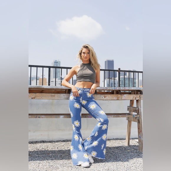 saints & hearts Pants - Daisy flower flare bell bottoms blue Jeans high waisted 70’s retro pants